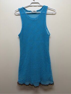 Cover Me Bright Blue Fishnet Cover Up with Beaded Hem